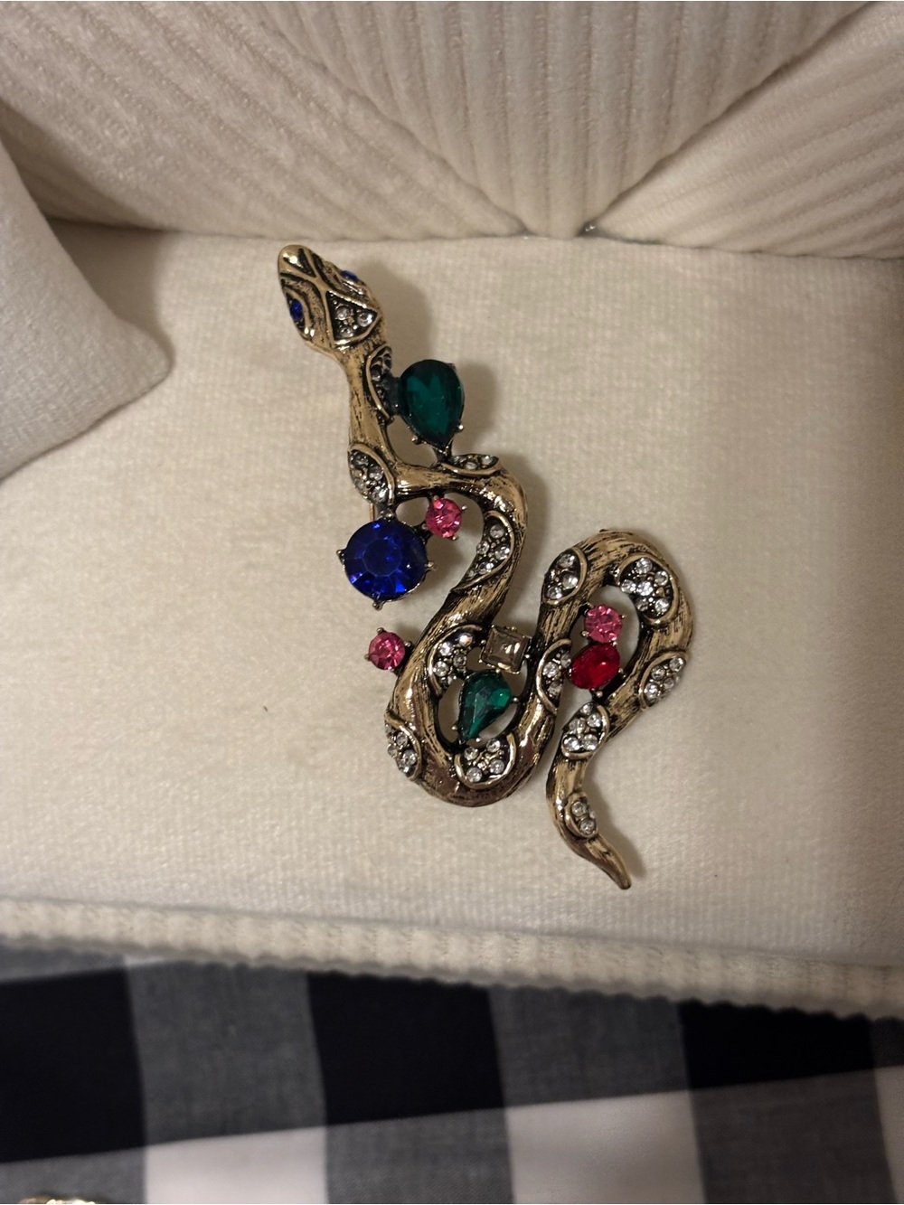 Vintage-Inspired Gold Snake Brooch with Green, Blue & Pink Stones